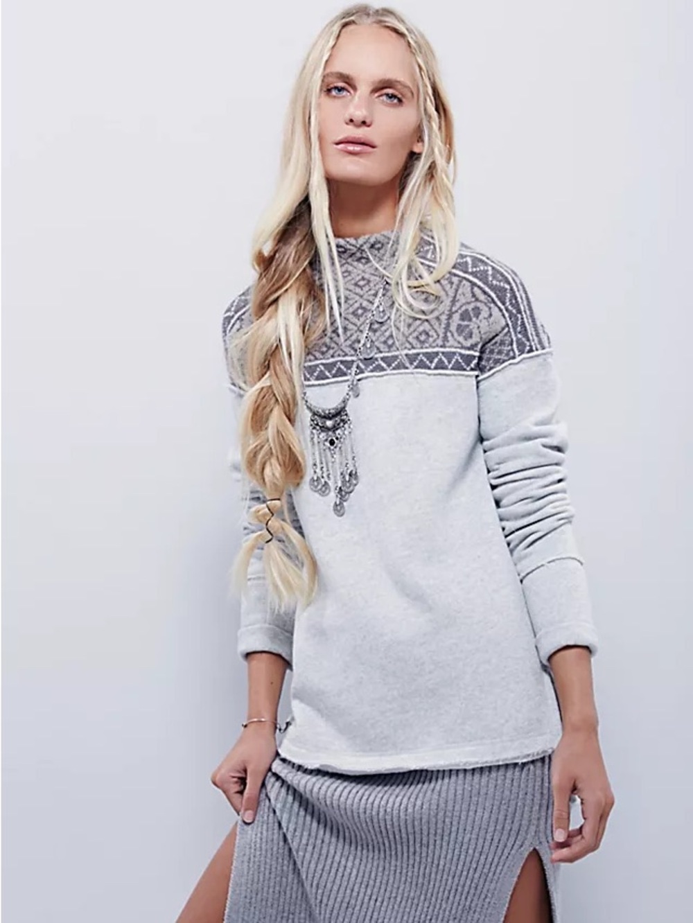 Free People Snow Bunny Fair Isle Mock Neck Pullover Sweater Gray Sz Sm